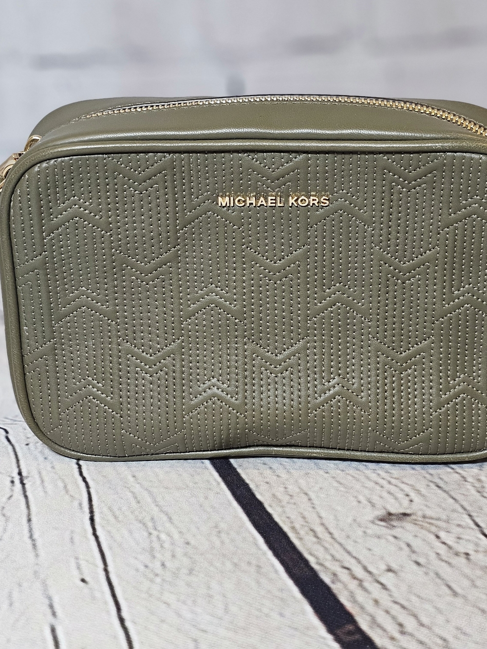 Michael Kors Ginny Medium Deco Quilted Leather Crossbody Bag - Olive/Khaki Green